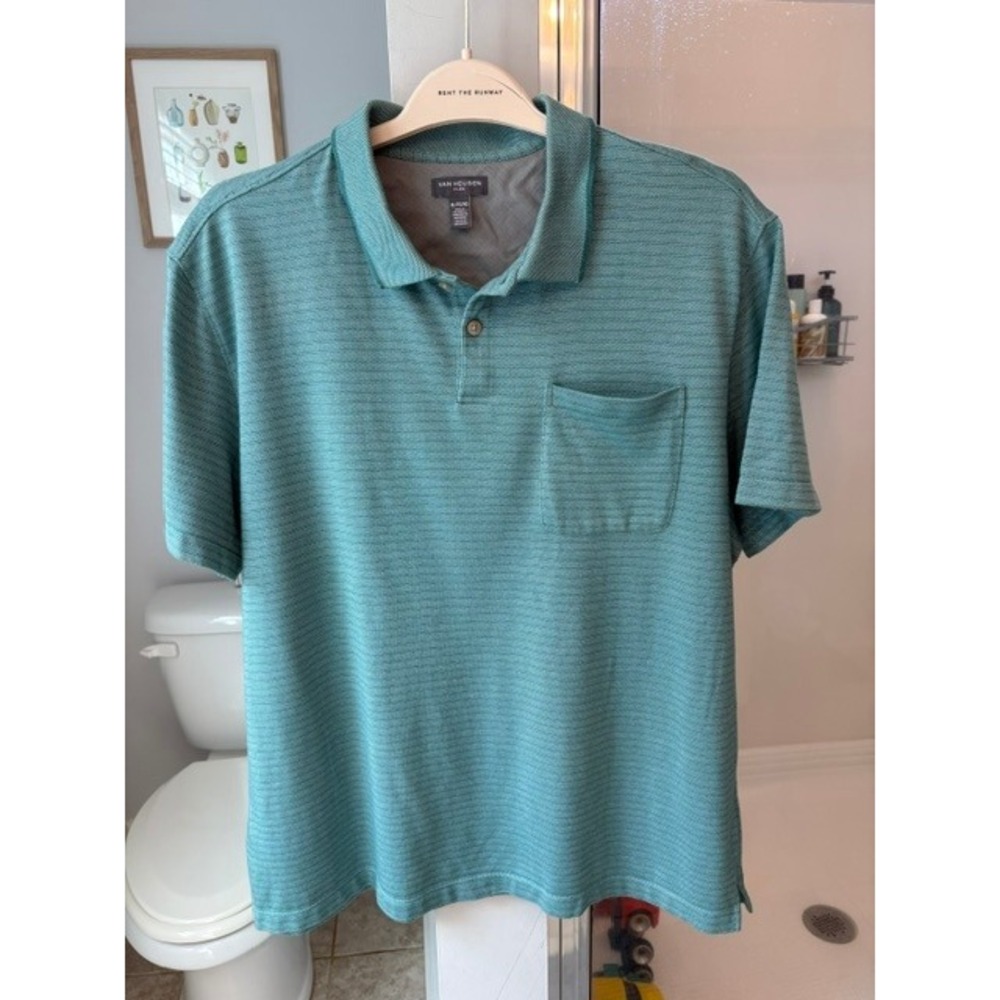Van Heusen Flex Polo Shirt Men's XL Teal Striped Short Sleeve Pocket Golf